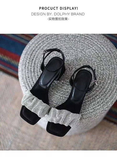 Fashion Rhinestone Square Head Open Toe Block Heel